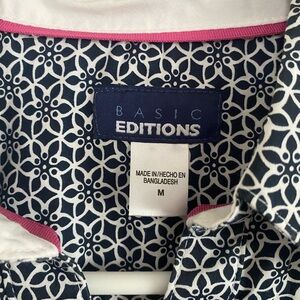 Basic Editions Navy & White Geometric Shirt with Pink Trim